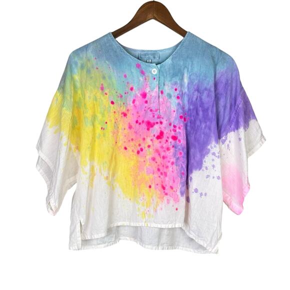 Gene Ewing Bright Tie Dye Linen Cotton Blend Oversized Top Beach Swim Coverup - Picture 8 of 12